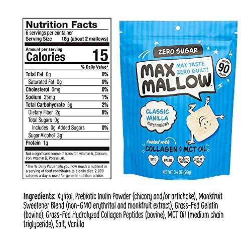 Max Mallow Sugar Free Marshmallows - Keto Friendly, Perfect for S'mores, Hot Chocolate, and Baking with Zero Sugar Snacks, Smores Mct Oil Zero Sugar Marshmellow Marshmallow Classic Vanilla, 6 Pack