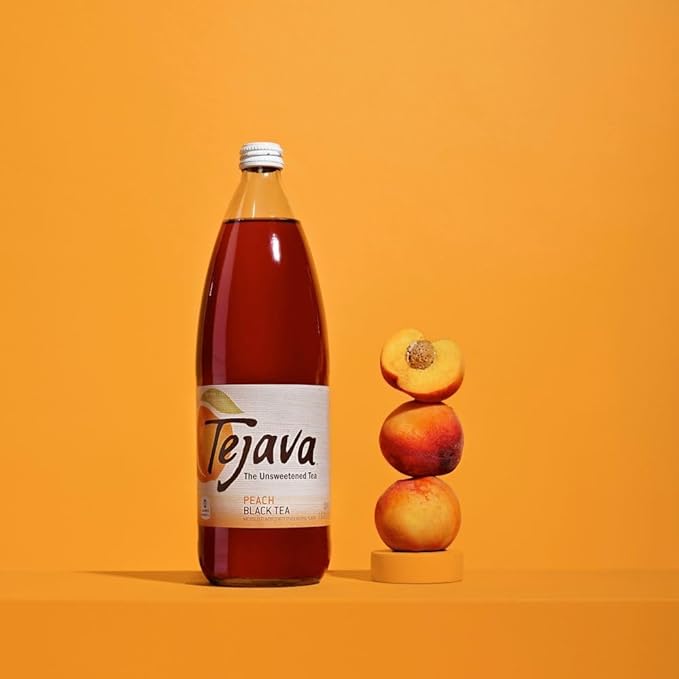 Tejava Peach Black Iced Tea, 4 Pack, 12oz Glass Bottles, Unsweetened, Non-GMO, Kosher, No Sugar or Sweeteners, No calories, No Preservatives, Brewed in Small Batches