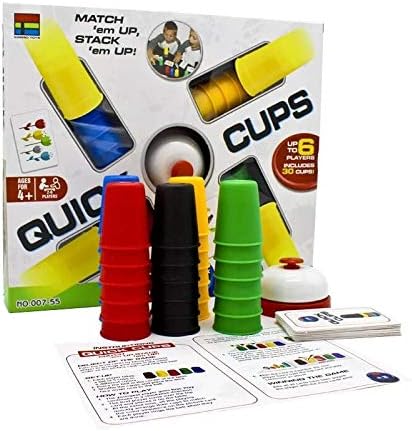 Quick Cups Game for Kids - Classic Speed Stacking Game with 24 Picture Cards, 30 Colored Cups (6 Sets of 5 Colors Each), Bell & Instructions