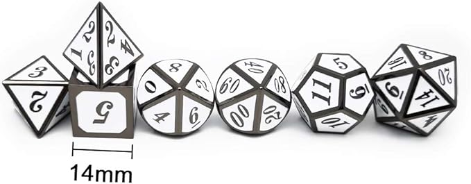 Haxtec 7 Die DND Metal Dice Set D&D 7PCS DND Dice of D20 D12 D10 D8 D6 D4 for Dungeons and Dragons RPG Games-Glossy Enamel Dice (Black White)