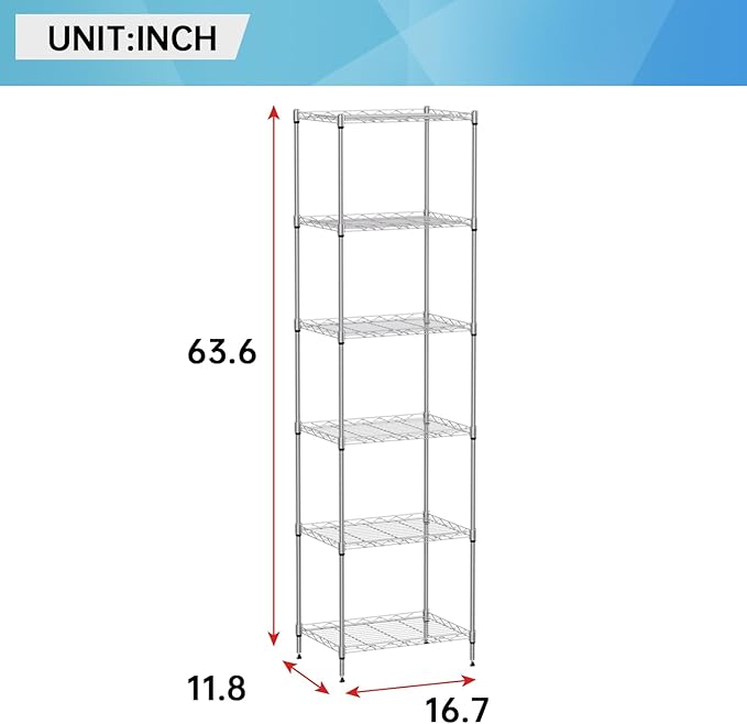 6 Tiers Wire Shelving 12" Dx17 Wx64 H Metal Frame Storage Shelves Easy Setup NSF Certified Storage Shelf Rack Shelf with Leveling Feet for Home Garage Kitchen Pantry, Chrome