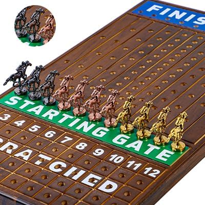Large 21 inch Finish LINE Horse Racing Board Game is Equipped with 11 Luxury Metalcraft Horses Adult Chessboard Including 2 Dice and 2 Boxes of Cards (Flaming Color)