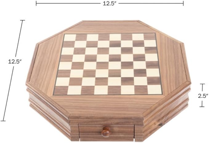 Octagonal Chess Set - Wooden Chessboard with 2 Storage Drawers and Carved Staunton Pieces - Classic Board Game for Kids and Adults by Trademark Games