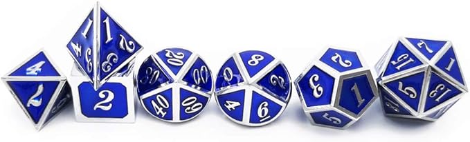 Haxtec Metal Dice Set D&D Silver Navy Blue Metal Polyhedral DND Dice for Dungeons and Dragons-Glossy Enamel Dice (Silver Navy Blue)