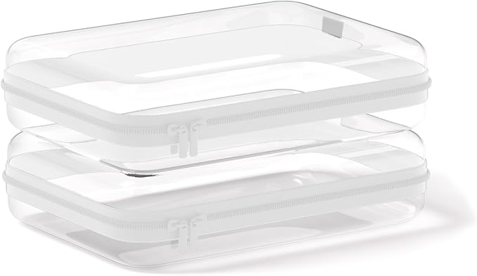2Pcs Clear Zipper Pouches, White BIiss Plastic Bins for Organizing, Hard Clear Hard Shell Zipper Case Makeup Bag & Travel Organizer for Storage Cosmetics, Puzzles, 8.7 x 6.3 x 2.4 Inch