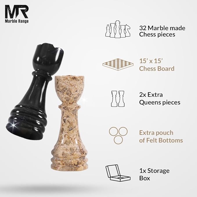 Marble Chess Set 15 Inch Handmade Black & Coral Board Game with Storage Box, Classic Travel Chess Set for Adults with Pieces & 2 Extra Queens, Elegant Gift & Home Décor