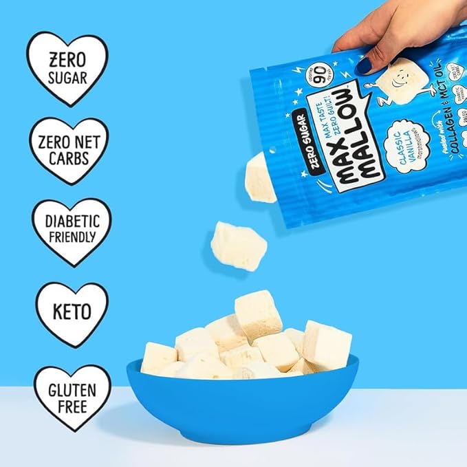 Max Mallow Sugar Free Marshmallows - Keto Friendly, Perfect for S'mores, Hot Chocolate, and Baking with Zero Sugar Snacks, Smores Mct Oil Zero Sugar Marshmellow Marshmallow Classic Vanilla, 3 Pack
