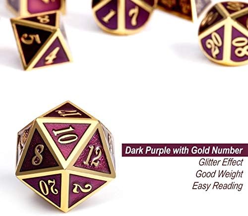 D&D Table Game Dice Set, 7PCS Metal Die with Metal Gift Box for Dungeons and Dragons (Dark Purple and Gold Number)