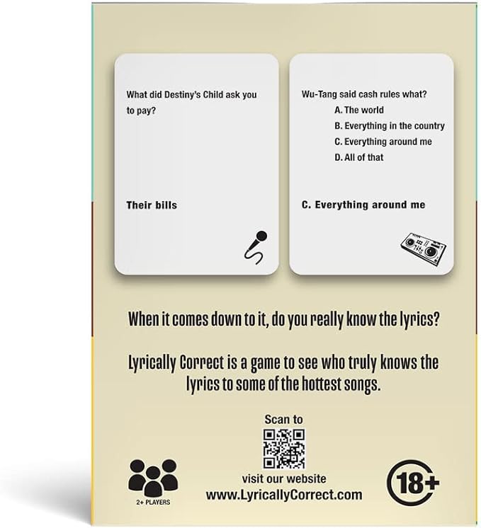 Lyrically Correct 90's and 2000's Hip Hop & R&B Music Trivia Card Game for Friends, Fun Party Game for Adults, Family Gatherings, Game Nights, and Finish The Lyrics Challenge