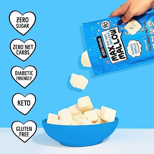 Max Mallow Sugar Free Marshmallows - Keto Friendly, Perfect for S'mores, Hot Chocolate, and Baking with Zero Sugar Snacks, Smores Mct Oil Zero Sugar Marshmellow Marshmallow Classic Vanilla, 6 Pack