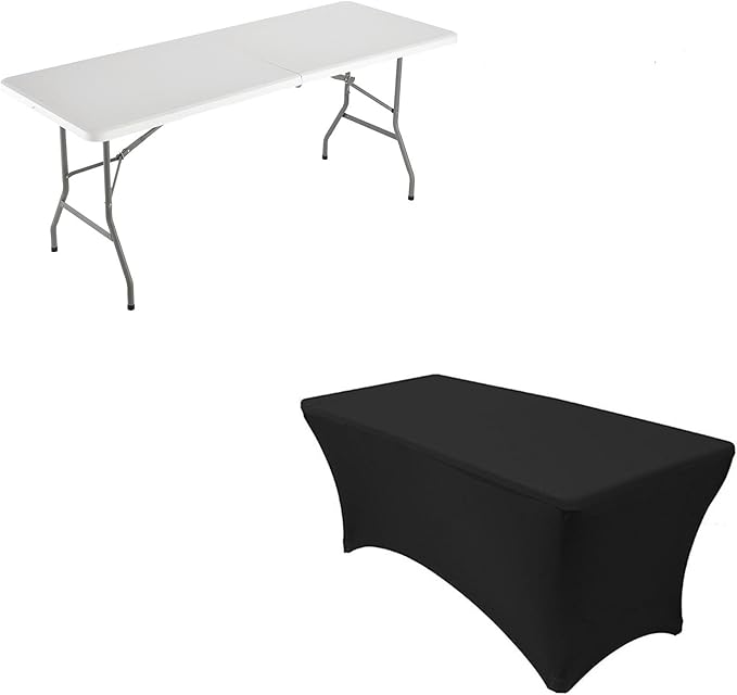 6ft Plastic Folding Table with Black Tablecloth, Portable Picnic Table Outdoor for Camping, Party, Wedding, Picnic with Lock, Handle - White