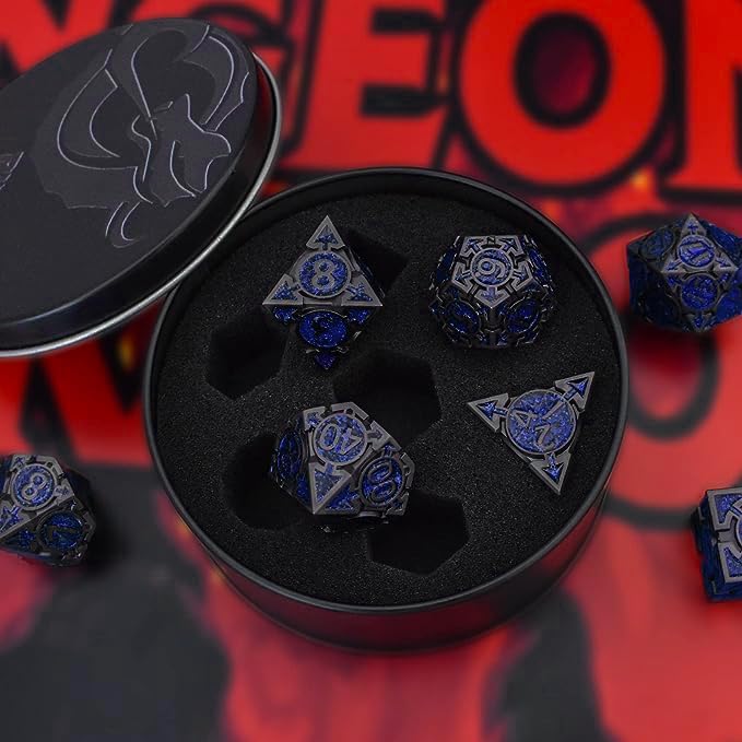 RULE DICE D&D Metal Dice Set, 7 die Metal DND Polyhedral Dice Sets with Gift Metal D and D Dice Box, for Dungeons and Dragons Dice Set and Other Role Playing TMG Games(Sapphire Blue)