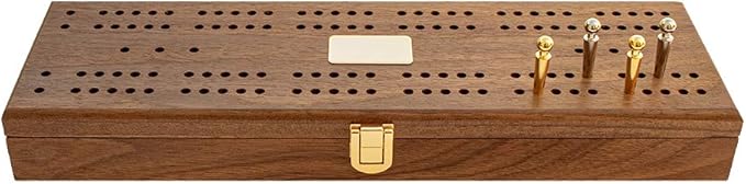 Alex Cramer Le Club Luxury Domino Set with Handcrafted Walnut Case and Cribbage/Counter Top - Tournament Quality 28 Indestructible (Domino Spinner Set with Brass Plate)