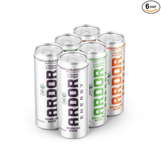 ARDOR ENERGY Sparkling Water with 100mg Natural Caffeine & 200mg L-Theanine from Organic Green Tea for Smooth Energy & Focus | Healthy Energy Drink | No Sugar, Zero Calories, Vegan, Gluten-Free | Tropical Variety (Pack of 6, 12oz cans)