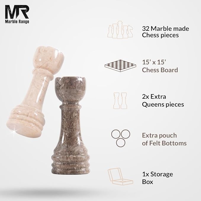Marble Chess Set 15 Inch Handmade Board Game with Storage Box, Classic Travel Chess Set for Adults with Pieces & 2 Extra Queens, Elegant Gift & Home Décor (Oceanic & Verona)