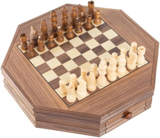 Octagonal Chess Set - Wooden Chessboard with 2 Storage Drawers and Carved Staunton Pieces - Classic Board Game for Kids and Adults by Trademark Games