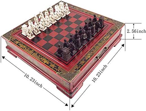 Retro Terracotta Warriors Chess Set for Kids and Adults Classic Family Board Game with Folding Wooden Chessboard 3D Resin Chess Pieces and Storage Slots (10.23×10.23 inch)