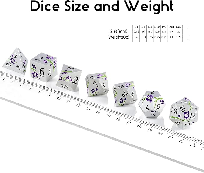 Flower Silver Metal Dice, DNDND 7 PCS Heavy Metallic D&D Dice Set with Gorgeous Gift Case for Dungeons and Dragon Tabletop Game (Matte Silver with Purple Flower)