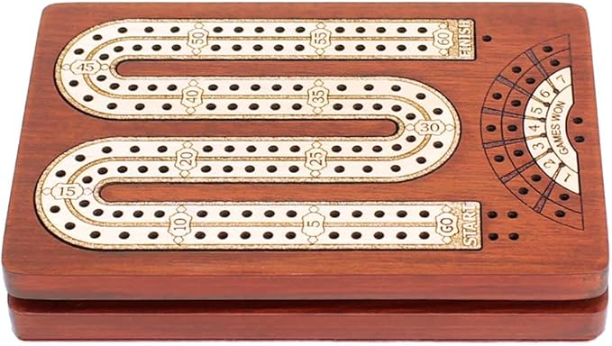 2 Track - Wooden Travel - Pocket Size Cribbage Board - Size: 4.75 Inch - Storage Space for Cribbage Pegs - Score Marking Fields for Won Games - 60 Points - Non Continuous
