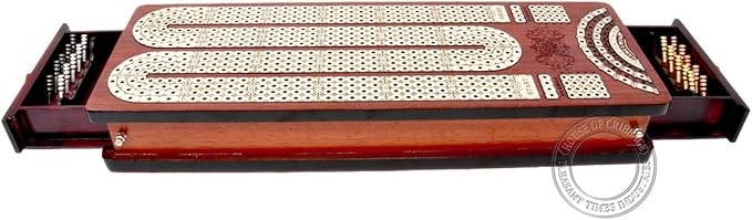 Continuous Cribbage Board Bloodwood/Maple and Side Pull Drawers - 4 Tracks with Place to Mark Won Games - House of Cribbage