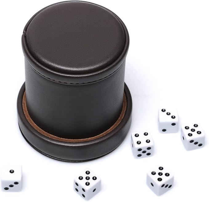 PU Leather Dice Cup with Lid, Dark Chocolate Leatherette and Dark Brown Felt-Lined Quiet Dice Shaker Cup, Including 6 Black Dot Dice for Liars Dice/ Farkle/ Yahtzee Games, 1 Pack