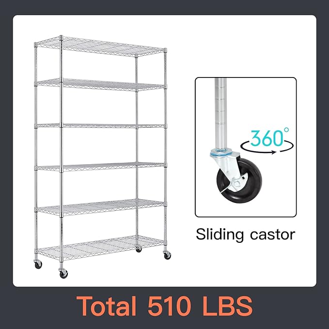 48" D×18" W×82" H Wire Shelving Unit Metal Shelf with 6 Tier Casters Adjustable Layer Rack Strong Steel for Commercial Restaurant Garage Pantry Kitchen Garage，Chrome