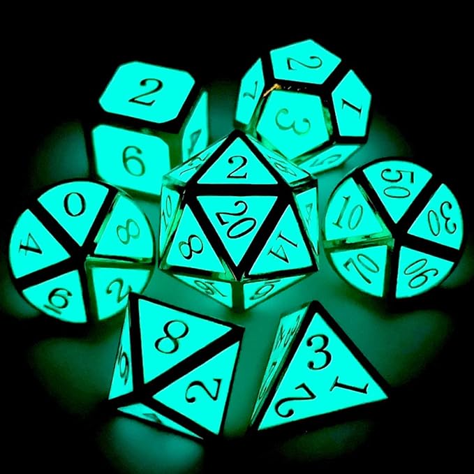 Haxtec Glow in The Dark Glowing Blue Metal Dice Set D&D W/Dragon Dice Bag 7PCS DND Dice Set for Dungeons and Dragons RPG Games-Gold Glowing Blue-V2
