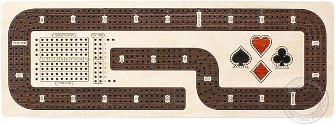 Continuous Cribbage Board/Box Inlaid in Maple/Wenge Wood: 4 Track - Cards and Pegs Storage Drawer with Score Marking Fields for Skunks, Corners and Won Games