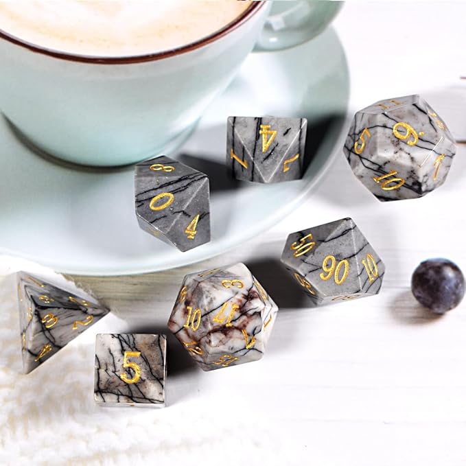 Real Gemstone DND Dice Sets, Handmade Black Network Stone D&D Board Game Dice,RPG Dice Set