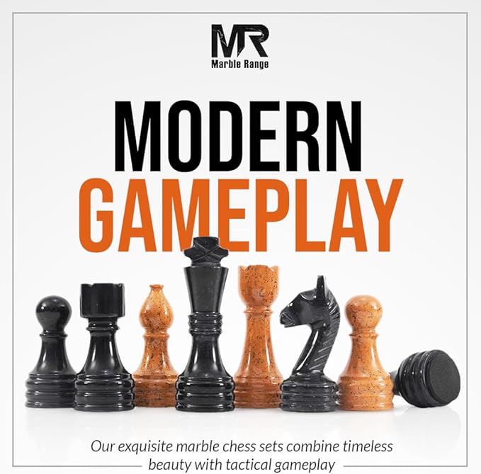 Marble Chess Set 15 Inch Handmade Black & Golden Board Game with Storage Box, Classic Travel Chess Set for Adults with Pieces & 2 Extra Queens, Elegant Gift & Home Décor