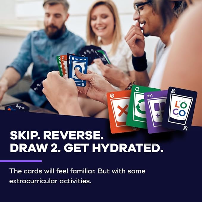 DUNZO® - Hydrating Version of Classic Card Game with 4 Unbreakable Glasses - Draw Two, Skip, Reverse, Get Loco - Fun Party Game & Funny Gifts - Card Games