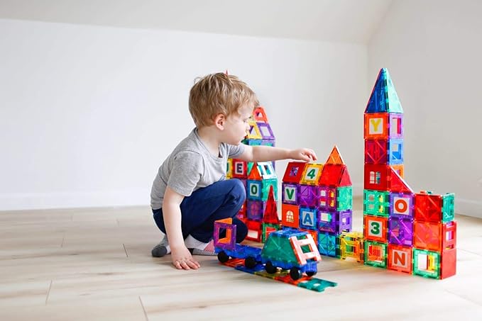 Playmags Magnetic Tile Building Set: Exclusive Educational Clickins 36-Pc. Kit: 18 Super Strong Clear Color Magnet Tiles Windows & 18 Letters & Numbers Stimulate Creativity & Brain Development