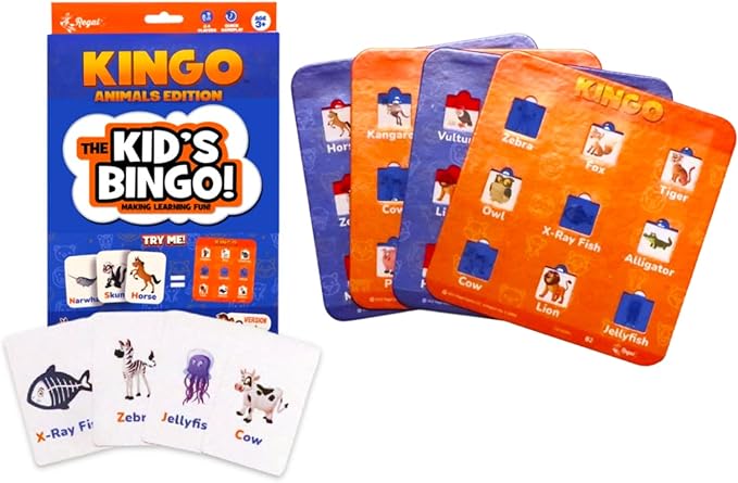 Regal Games Kingo Animals Edition Bingo Set - Fun Educational Word Games for Preschool & Kindergarten Kids - Learning Games for Family & Classroom - Vocabulary Builder, Phonics & Sight Word Games