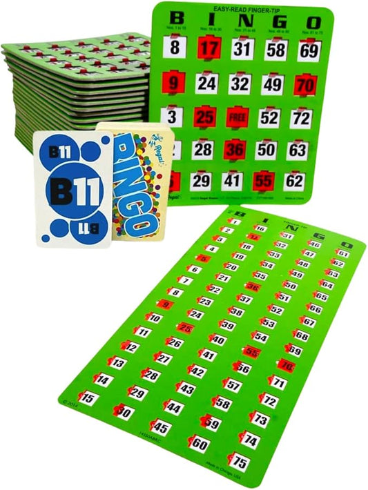 Regal Bingo 50 Bingo Cards with Sliding Windows, Bingo Calling Cards Deck & Master Board Bulk Kit - Reusable Large Print Bingo Game Set for Adults & Seniors Large Group - (Jumbo, Green)