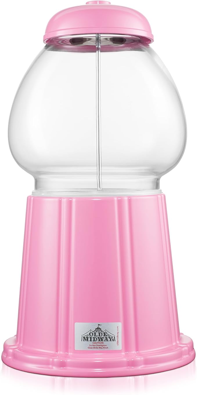 Olde Midway 12" Gumball Machine with Glass Globe and Metal Base - Pink, Vintage-Style Bubble Gum Candy Dispenser
