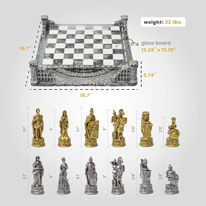 BB Brother Brother Ancient Roman Gladiators 3D Chess Board Game Set, Glass Board, Handmade Gold and Silver Polyresin Chess Pieces for 2 Players