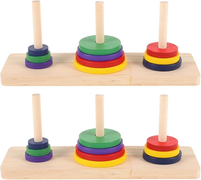 2 Pcs Wooden Tower of Hanoi Puzzle Game, Multi-Color Logic Toy for Adults and Kids, 7.48x3.54x4.72 Inch, Brain Teaser for Home Decor and Party Fun