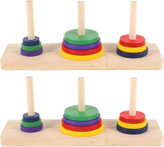 2 Pcs Wooden Tower of Hanoi Puzzle Game, Multi-Color Logic Toy for Adults and Kids, 7.48x3.54x4.72 Inch, Brain Teaser for Home Decor and Party Fun