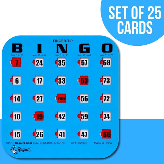 Regal Bingo Bulk Bingo Cards with Sliding Windows - Reusable Large Print Bingo Game Cards for Adults Large Group - 25 Pack, Blue