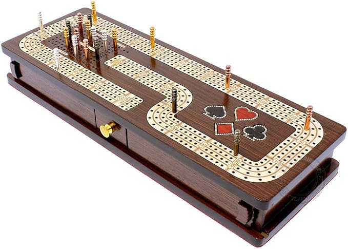 Continuous Cribbage Board/Box Inlaid in Wenge Wood/Maple : 4 Track - Cards & Pegs Storage Drawer with Score Marking Fields for Skunks, Corners and Won Games