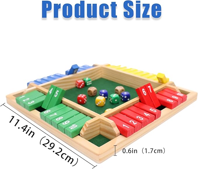 Shut The Box Dice Game-12 in Colorful Design 1-4 Players-10 Dice-Gift Package, Wooden Board Table Math Games for Adults Kids, Classics Tabletop Version and Pub Board Game