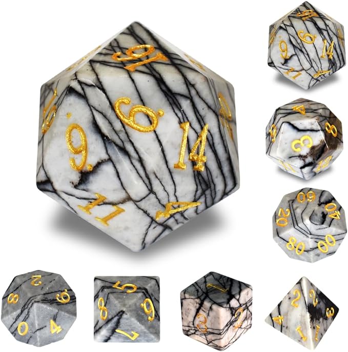 Real Gemstone DND Dice Sets, Handmade Black Network Stone D&D Board Game Dice,RPG Dice Set