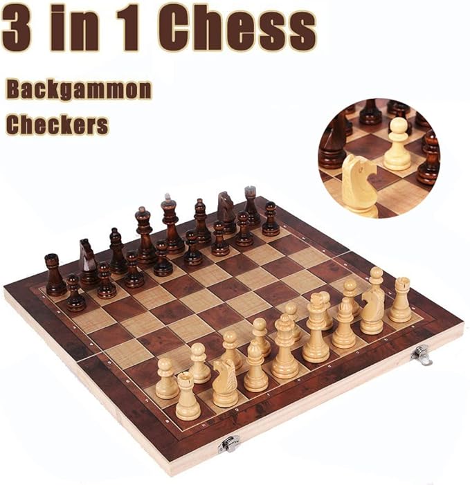 Chess Set，Folding Storage Wooden Chess Board Sets，3 in 1 Chess Board Game for Adults and Kids （Chess，Backgammon，Checkers），Exquisite Wooden Chess Set