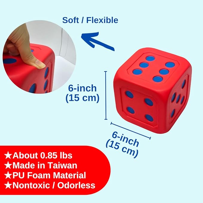 Macro Giant 6 Inch PU Foam Jumbo Big Playing Dice, Set of 2, Red, Math Teaching, Teaching Aids, Board Games, Kid Toy