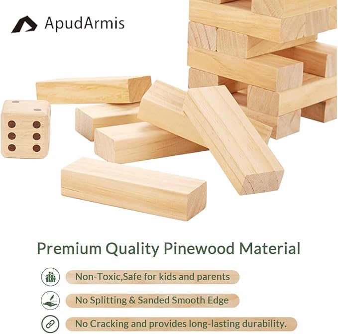 ApudArmis 60 PCS Giant Tumble Tower, (Stack up to 5Ft) Pine Wooden Stacking Timber Game with 1 Dice Set - Classic Block Giant Outdoor Game for Teens Adults Family
