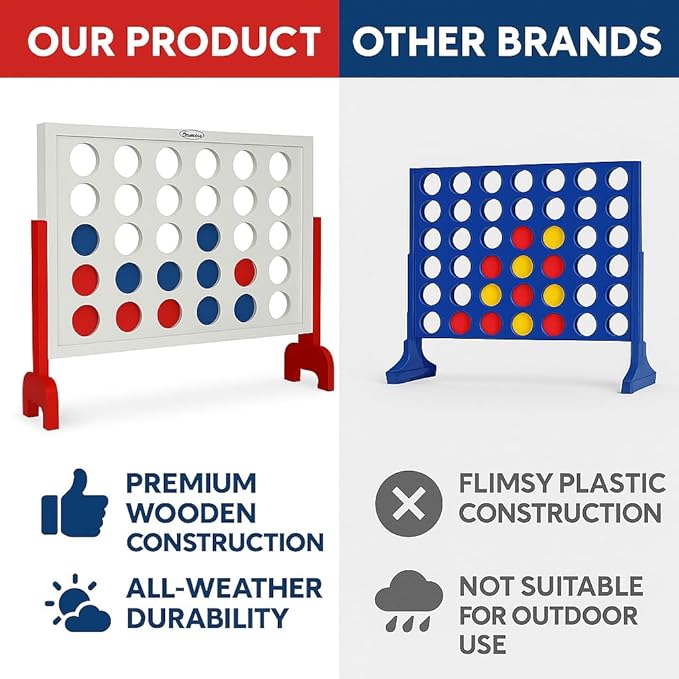 Bolaball Giant Wooden 4-in-a-Row Game – 4FT Jumbo Connect Game for Kids & Adults, Indoor & Outdoor Fun, Durable Design for Family Gatherings, BBQs, Parties & More