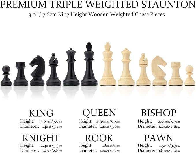 A&A Premium Natural Walnut Folding Chess Board Game Set, 15" Wooden Chess Board & 3" King Height Staunton Chess Pieces with 2 Extra Queens, Portable Travel Chess Set with Storage Bag for Adults & Kids