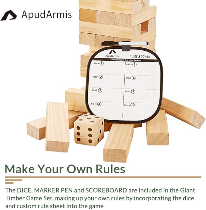 ApudArmis 60 PCS Giant Tumble Tower, (Stack up to 5Ft) Pine Wooden Stacking Timber Game with 1 Dice Set - Classic Block Giant Outdoor Game for Teens Adults Family
