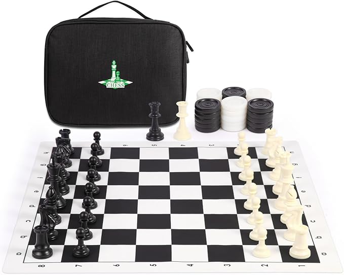 Travel Chess Set 20'' Silicone Chess Board-3.75'' King Height Plastic Chess Piece, Extra Queens & Storage Bag, 2 in 1 Portable Chess & Checker Board Games for Kids and Adults