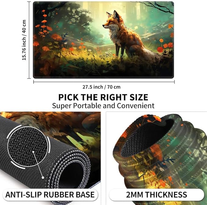 Playmat 24" x 14" Game Mats Tabletop Magic for MTG/TCG Cards, Trading Card Game Playing Stitched Play Mats Commander Deck Gaming Desk Mat Card Gameplay Mats, Forest Fox